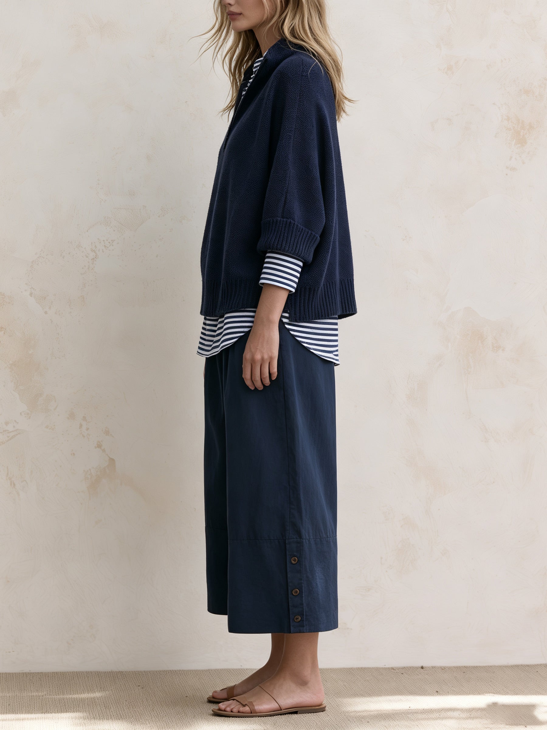 Navy Stripe Layered Knit Set – Relaxed Pullover Sweater & Wide-Leg Pants Outfit