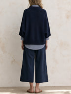 Navy Stripe Layered Knit Set – Relaxed Pullover Sweater & Wide-Leg Pants Outfit