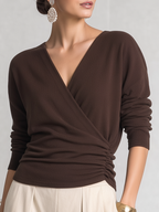 Brown Stockholm Style Wrap V-Neck Ruched Knit Blouse