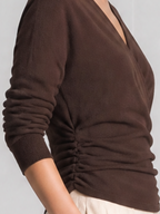 Brown Stockholm Style Wrap V-Neck Ruched Knit Blouse