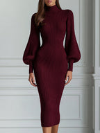 Ribbed Knit Turtleneck Lantern Sleeve Bodycon Midi Dress