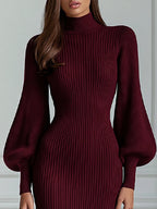 Ribbed Knit Turtleneck Lantern Sleeve Bodycon Midi Dress