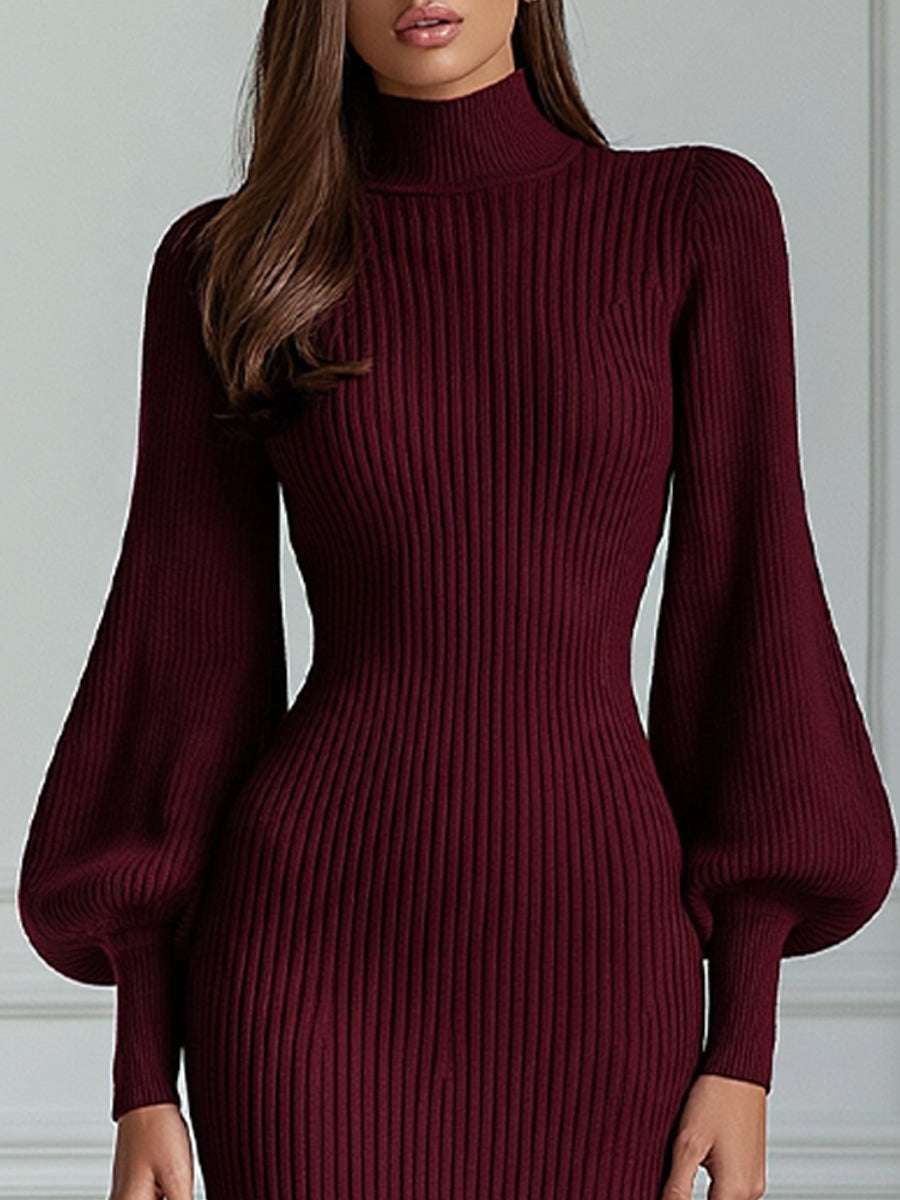 Ribbed Knit Turtleneck Lantern Sleeve Bodycon Midi Dress