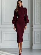 Ribbed Knit Turtleneck Lantern Sleeve Bodycon Midi Dress