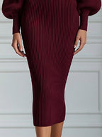 Ribbed Knit Turtleneck Lantern Sleeve Bodycon Midi Dress
