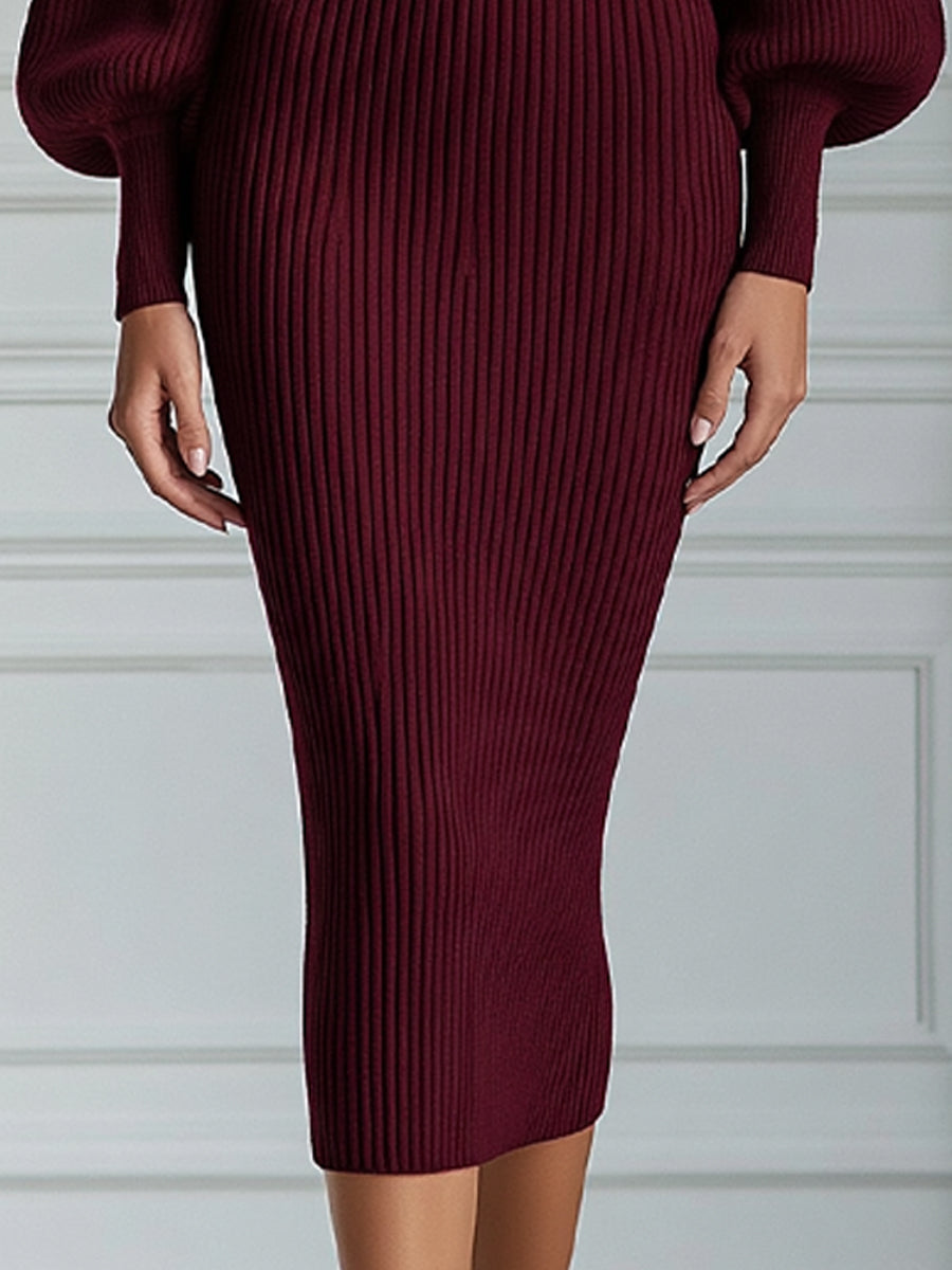 Ribbed Knit Turtleneck Lantern Sleeve Bodycon Midi Dress