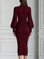 Ribbed Knit Turtleneck Lantern Sleeve Bodycon Midi Dress