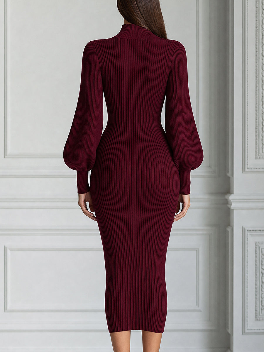 Ribbed Knit Turtleneck Lantern Sleeve Bodycon Midi Dress