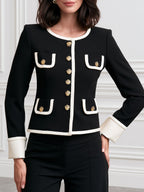 Women's Contrast Trim Tweed-Style Jacket with Gold Buttons