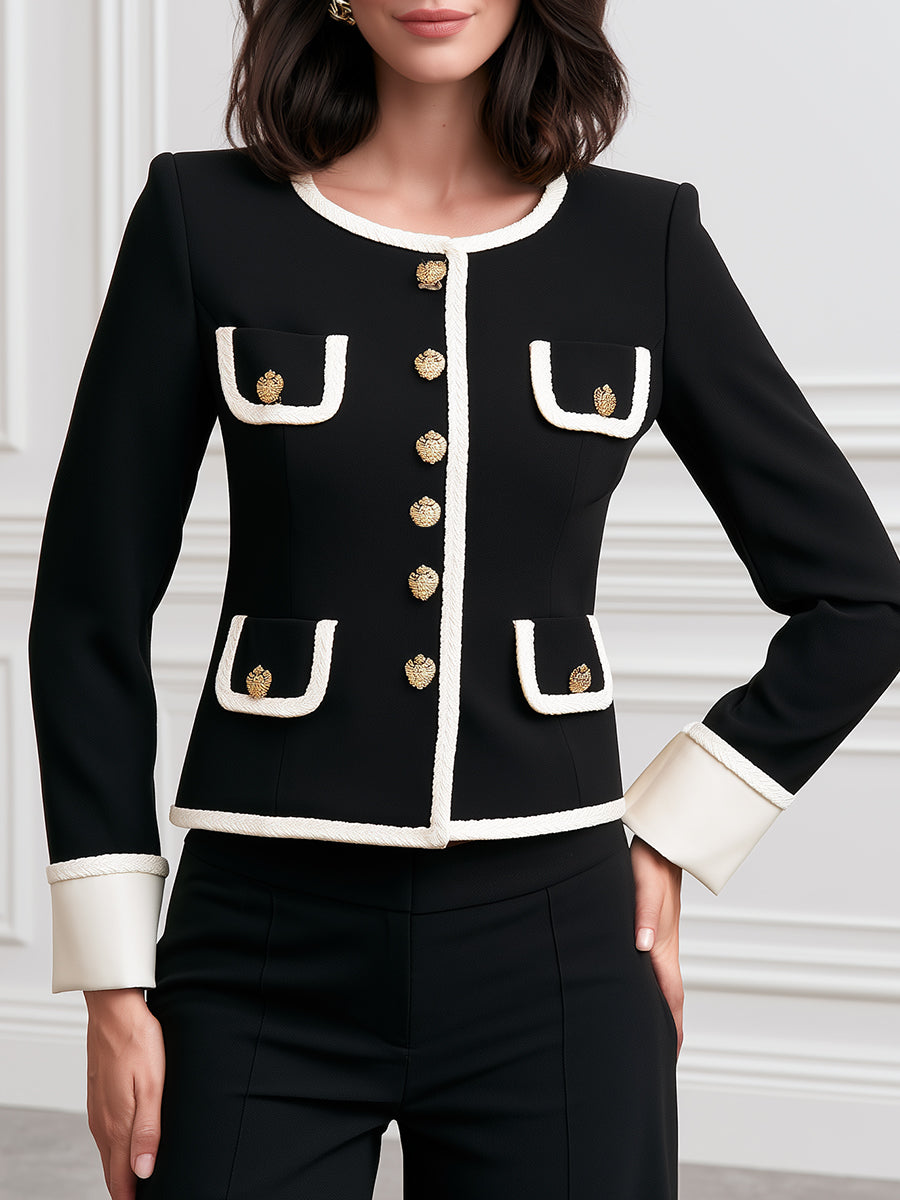 Women's Contrast Trim Tweed-Style Jacket with Gold Buttons