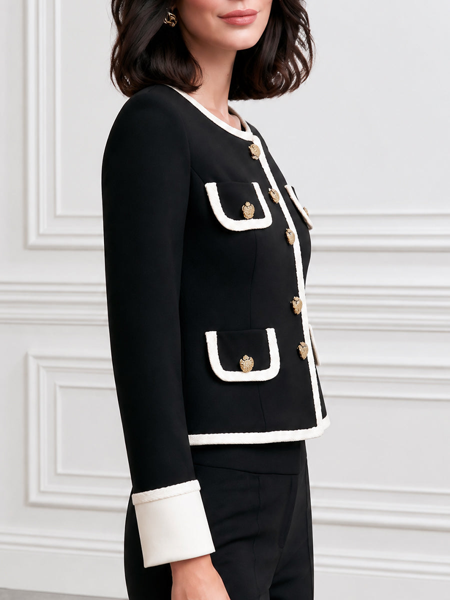 Women's Contrast Trim Tweed-Style Jacket with Gold Buttons