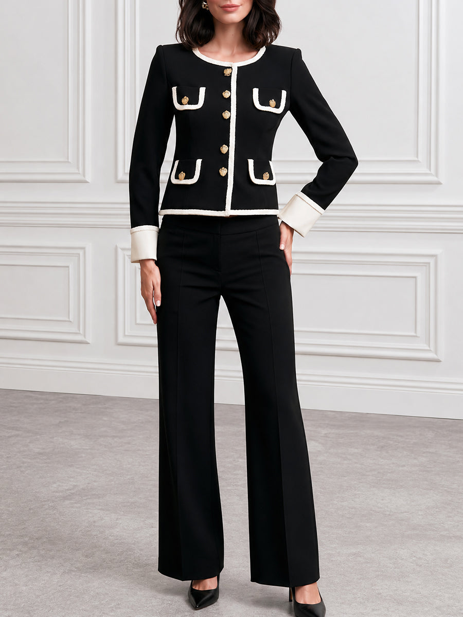 Women's Contrast Trim Tweed-Style Jacket with Gold Buttons