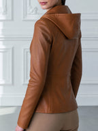 Women's Tan Leather Slim Fit Zip-Up Jacket with Hood