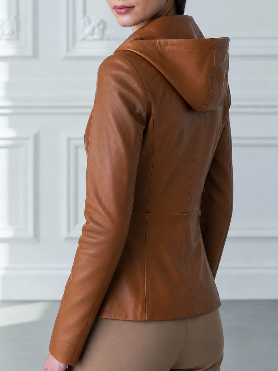 Women's Tan Leather Slim Fit Zip-Up Jacket with Hood