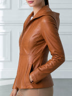 Women's Tan Leather Slim Fit Zip-Up Jacket with Hood
