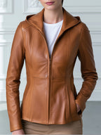 Women's Tan Leather Slim Fit Zip-Up Jacket with Hood