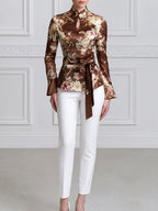 Women's Floral Print Satin Mandarin Collar Tie-Waist Blouse with Bell Sleeves