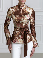 Women's Floral Print Satin Mandarin Collar Tie-Waist Blouse with Bell Sleeves