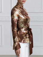 Women's Floral Print Satin Mandarin Collar Tie-Waist Blouse with Bell Sleeves
