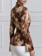 Women's Floral Print Satin Mandarin Collar Tie-Waist Blouse with Bell Sleeves