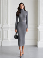 Ribbed Knit Turtleneck Belted Bodycon Midi Sweater Dress