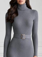Ribbed Knit Turtleneck Belted Bodycon Midi Sweater Dress