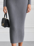 Ribbed Knit Turtleneck Belted Bodycon Midi Sweater Dress