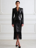 Women's Faux Leather Blazer & Fringe Hem Midi Skirt Two-Piece Suit