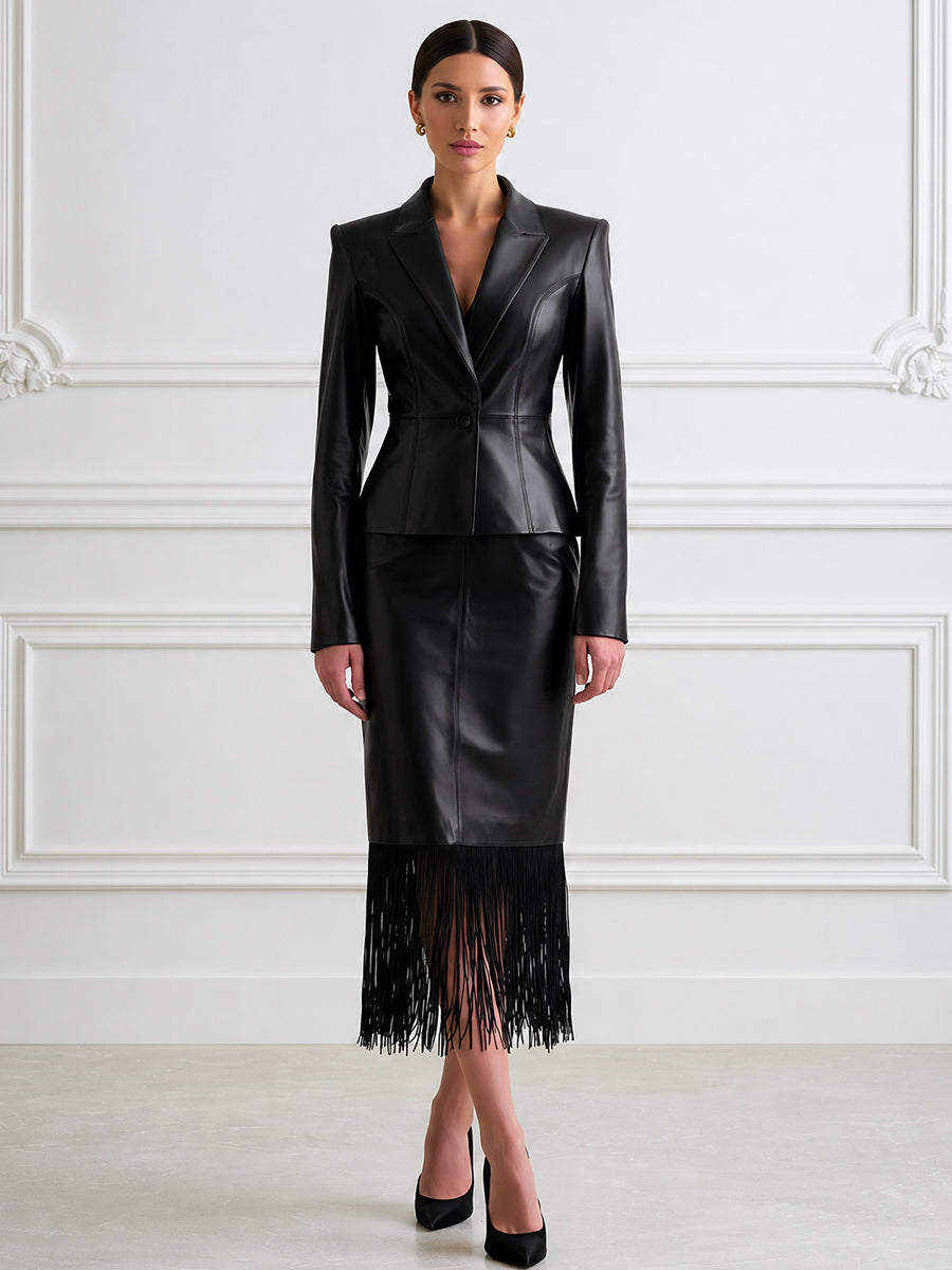 Women's Faux Leather Blazer & Fringe Hem Midi Skirt Two-Piece Suit