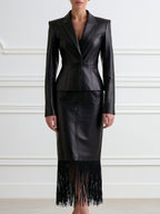 Women's Faux Leather Blazer & Fringe Hem Midi Skirt Two-Piece Suit