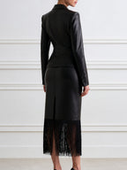 Women's Faux Leather Blazer & Fringe Hem Midi Skirt Two-Piece Suit