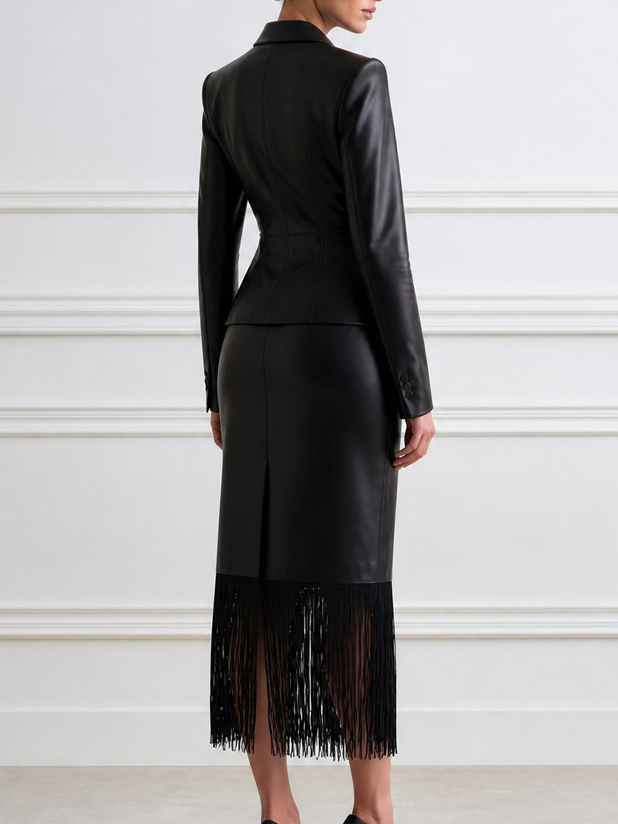Women's Faux Leather Blazer & Fringe Hem Midi Skirt Two-Piece Suit