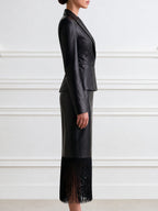 Women's Faux Leather Blazer & Fringe Hem Midi Skirt Two-Piece Suit