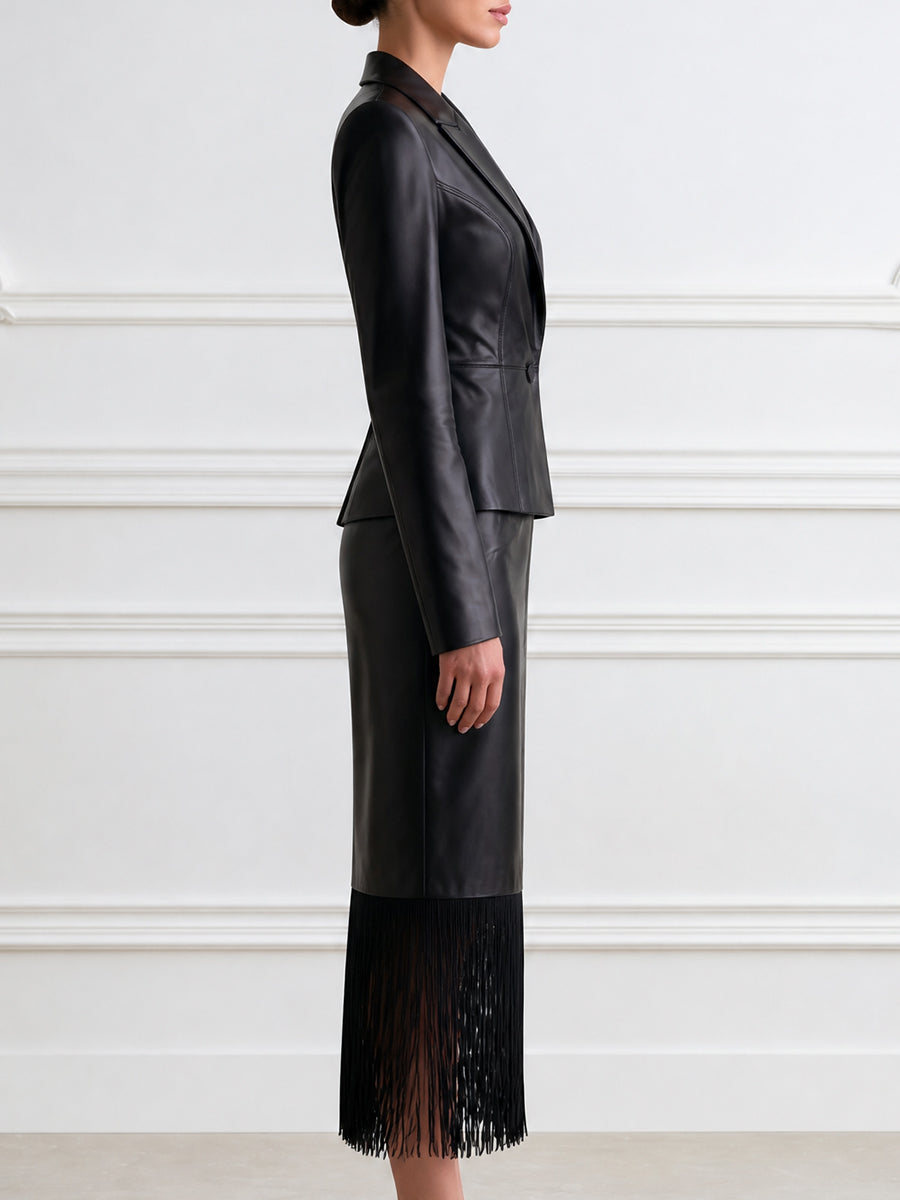 Women's Faux Leather Blazer & Fringe Hem Midi Skirt Two-Piece Suit