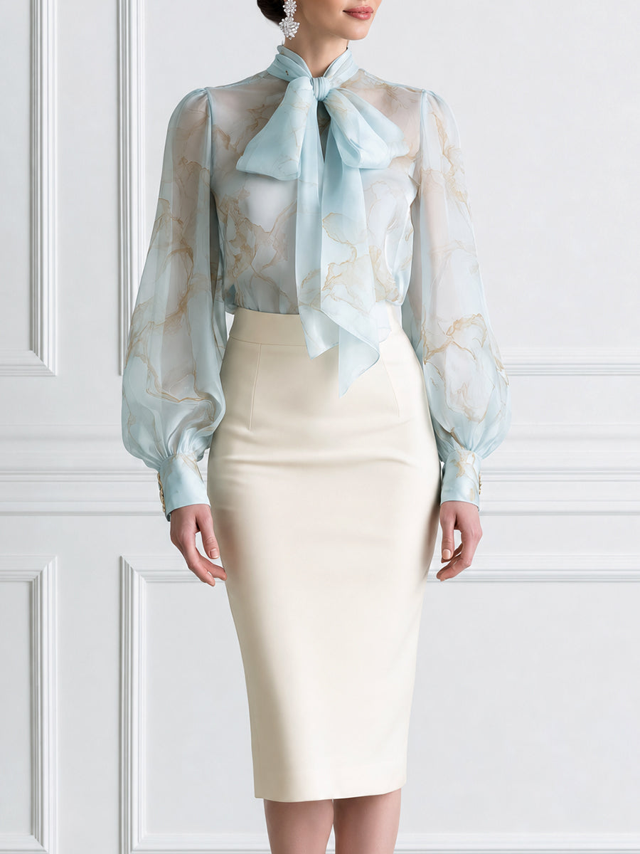 Sheer Bow-Tie Blouse & Ivory Pencil Skirt Two-Piece Set
