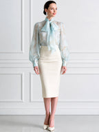 Sheer Bow-Tie Blouse & Ivory Pencil Skirt Two-Piece Set