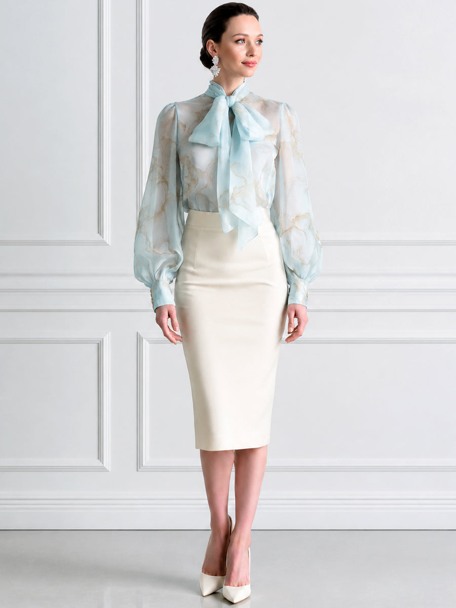 Sheer Bow-Tie Blouse & Ivory Pencil Skirt Two-Piece Set