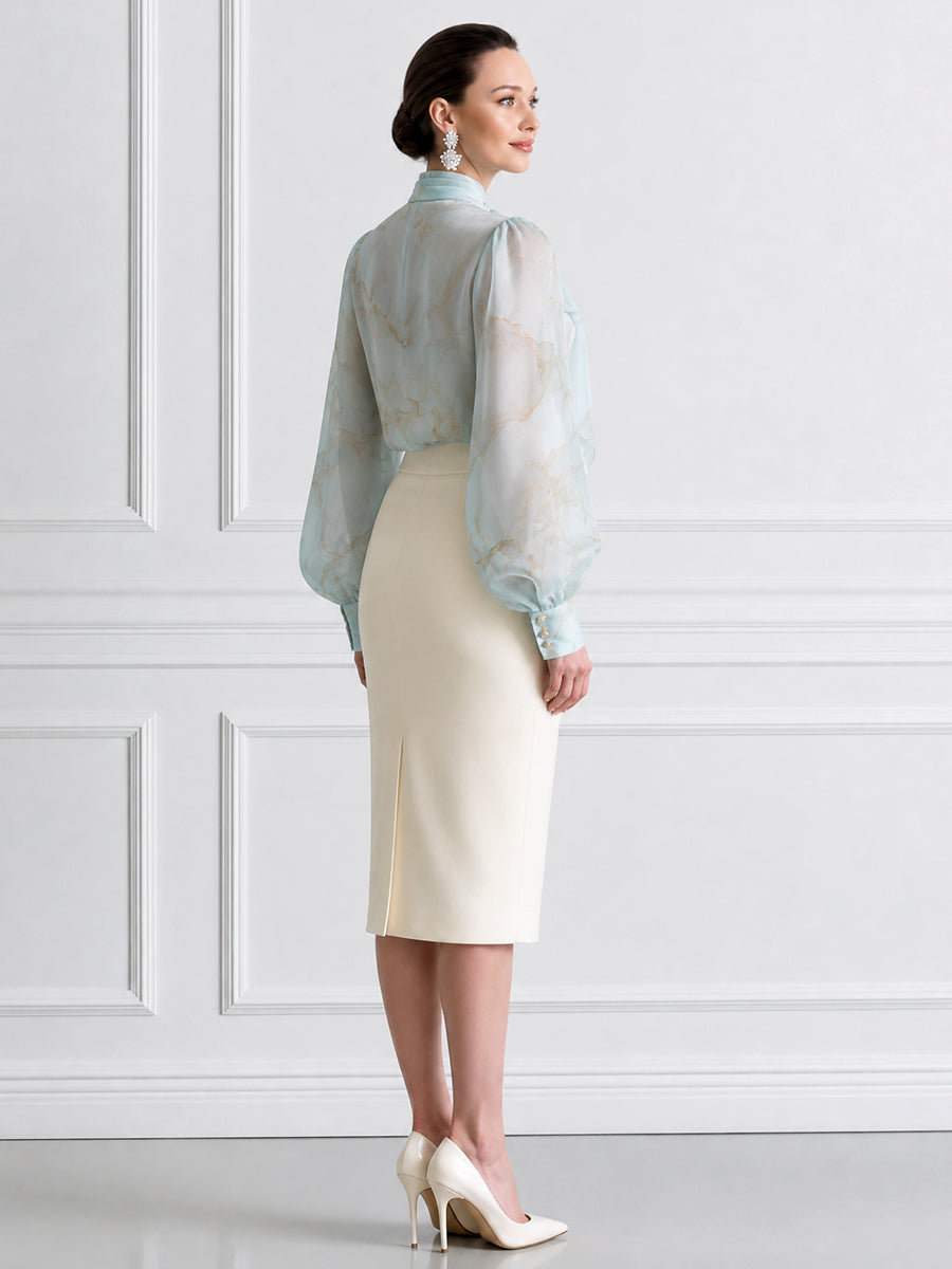 Sheer Bow-Tie Blouse & Ivory Pencil Skirt Two-Piece Set