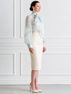 Sheer Bow-Tie Blouse & Ivory Pencil Skirt Two-Piece Set