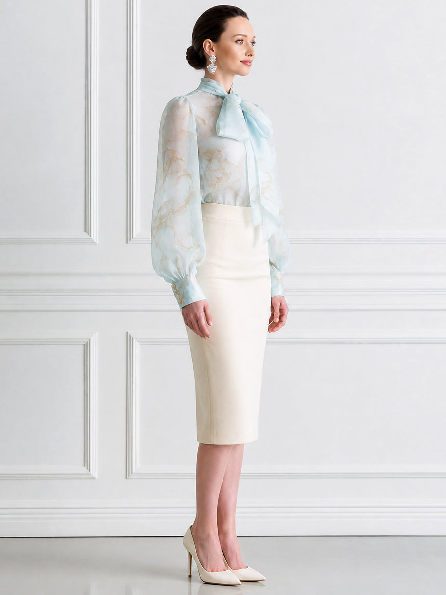 Sheer Bow-Tie Blouse & Ivory Pencil Skirt Two-Piece Set