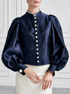 Women's Navy Satin Blouse with Pearl Buttons and Bishop Sleeves