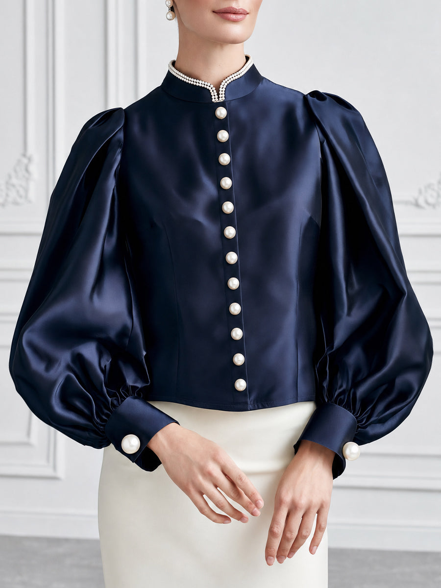 Women's Navy Satin Blouse with Pearl Buttons and Bishop Sleeves