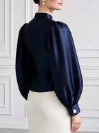 Women's Navy Satin Blouse with Pearl Buttons and Bishop Sleeves