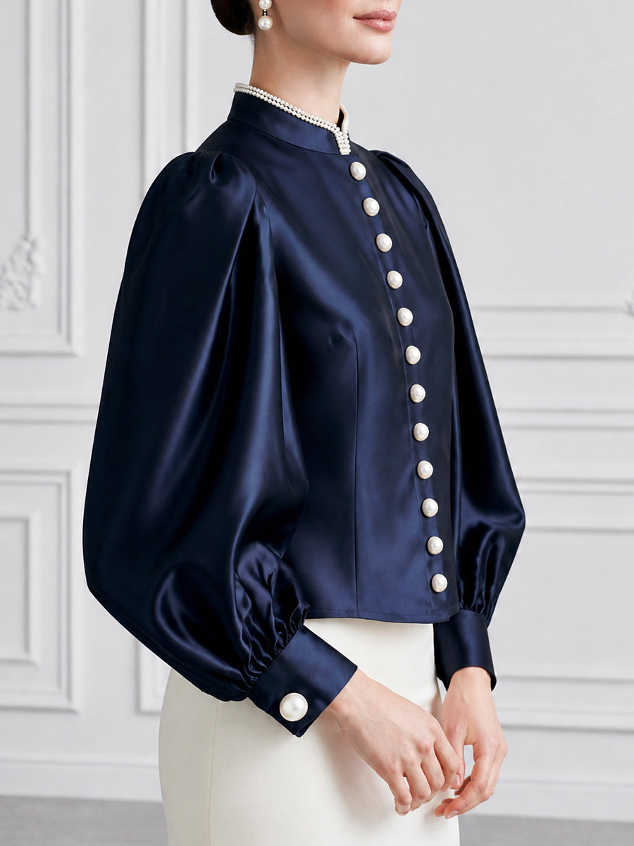 Women's Navy Satin Blouse with Pearl Buttons and Bishop Sleeves