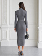 Ribbed Knit Turtleneck Belted Bodycon Midi Sweater Dress