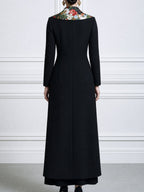 Women's Long Sleeve Maxi Coat with Floral Print Lapel