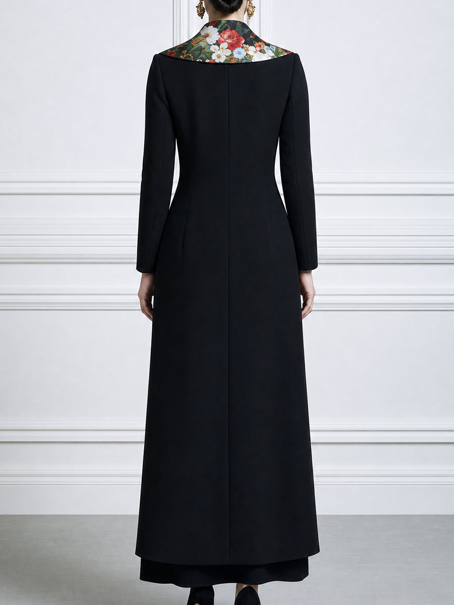 Women's Long Sleeve Maxi Coat with Floral Print Lapel
