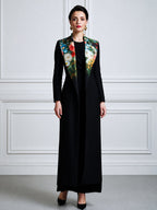 Women's Long Sleeve Maxi Coat with Floral Print Lapel