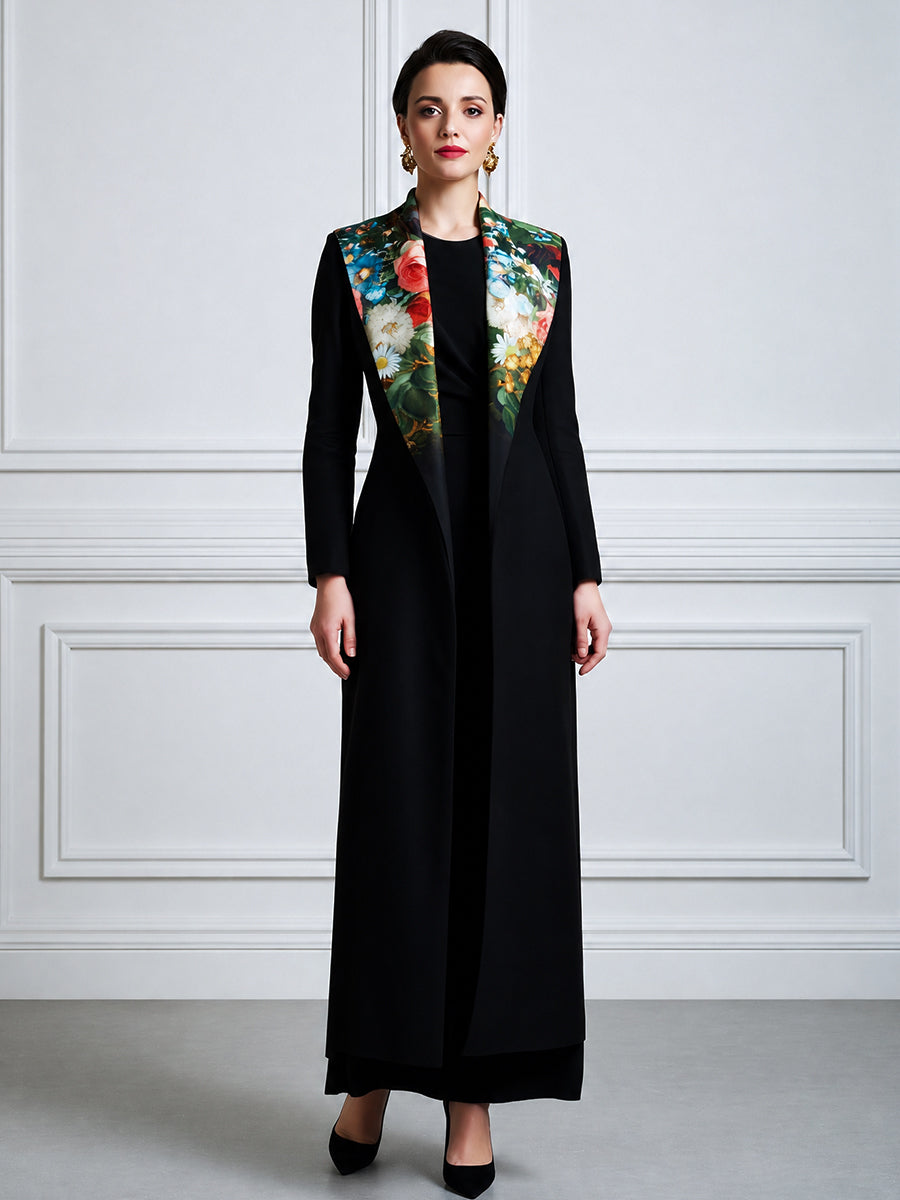 Women's Long Sleeve Maxi Coat with Floral Print Lapel