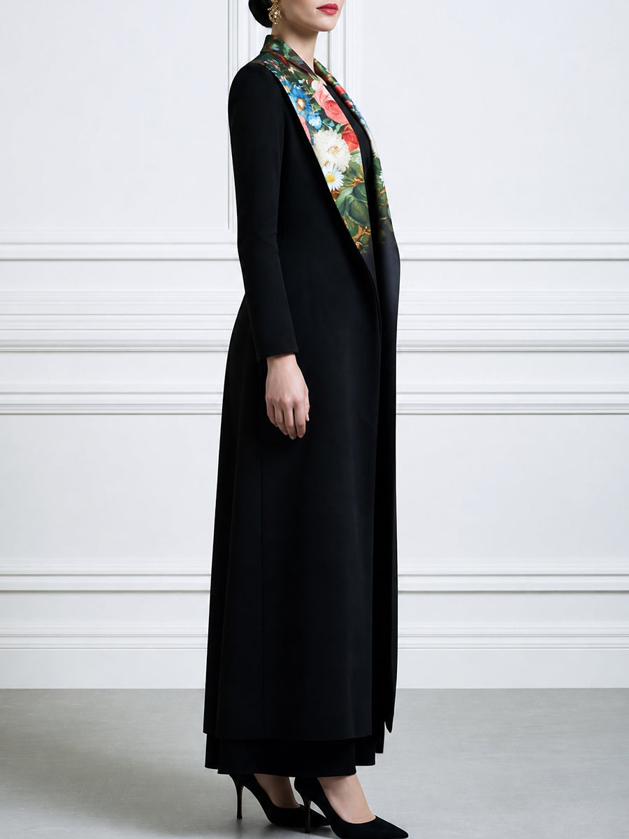 Women's Long Sleeve Maxi Coat with Floral Print Lapel